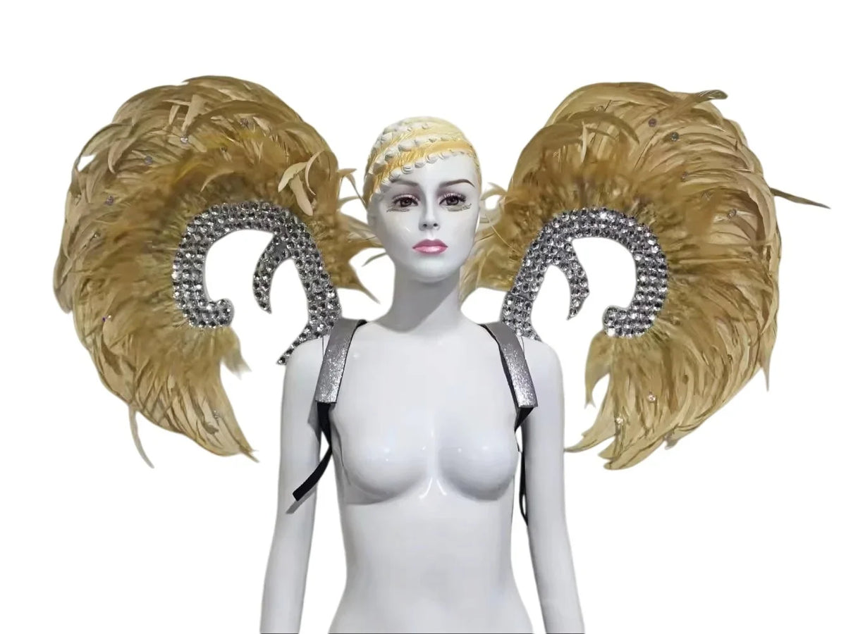 Showgirl Feather Wing Backpiece with Rhinestone Scroll Frames
