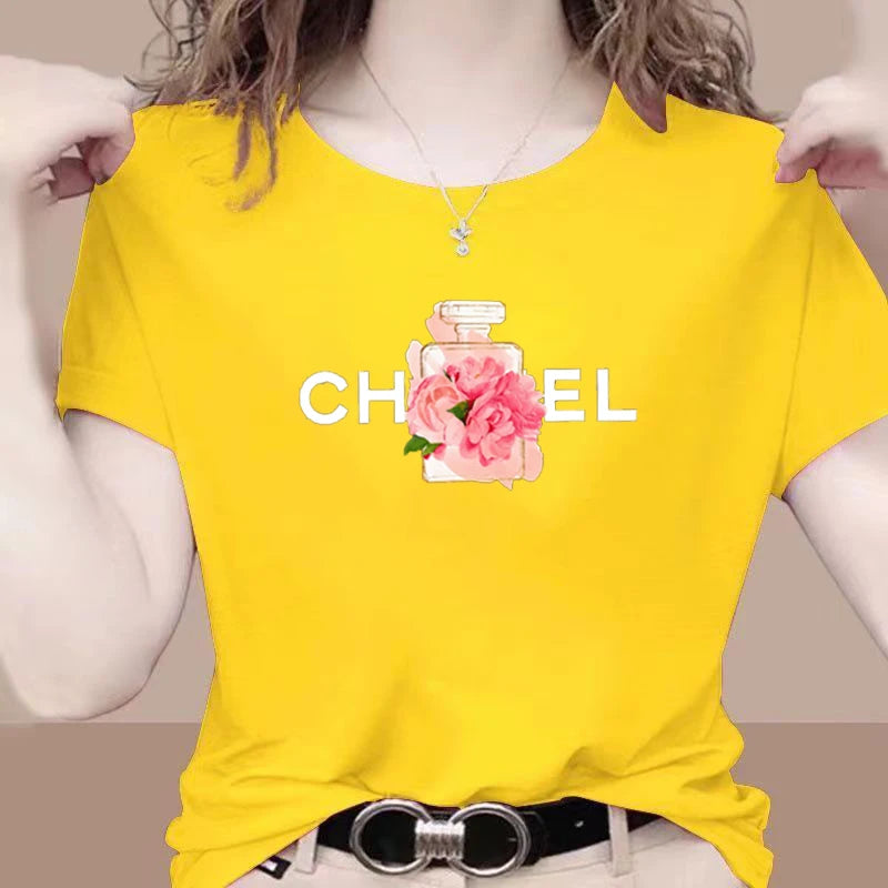 Women Summer T-Shirt Alphabet Flowers Perfume Print Cotton Tees Luxury Short Sleeve Tee Solid Color Street Y2K Top Female Cloth LUXLIFE BRANDS