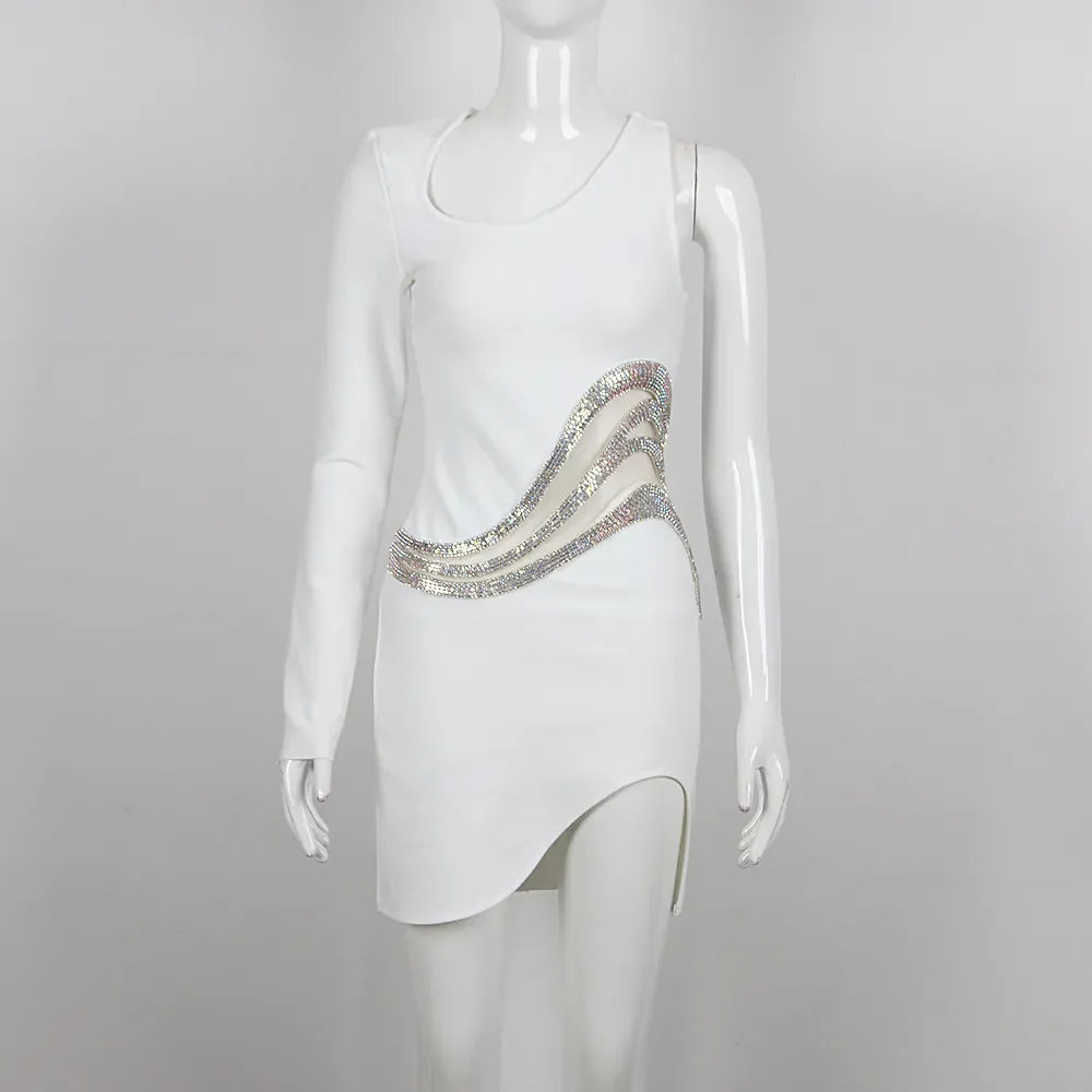 DEIVE TEGER 2023 New Women's One Shoulder Long Sleeve Mesh Patch Diamond Club Evening Sexy Party Mini Bandage Dress Vestidos LUXLIFE BRANDS