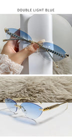 New Cat Eye Rivet Rimless Sunglasses Women Luxury Fashion Brand Oval Narrow Sun Glasses Shades Trendy Elegant Unique Eyewear Luxlife Brands