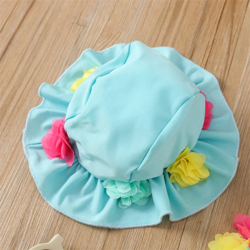 Infant Baby Girl Swimsuit 3D Flower Sleeveless Halter Tank Top Bikini Bottom with Sun Hat Set 0-24M