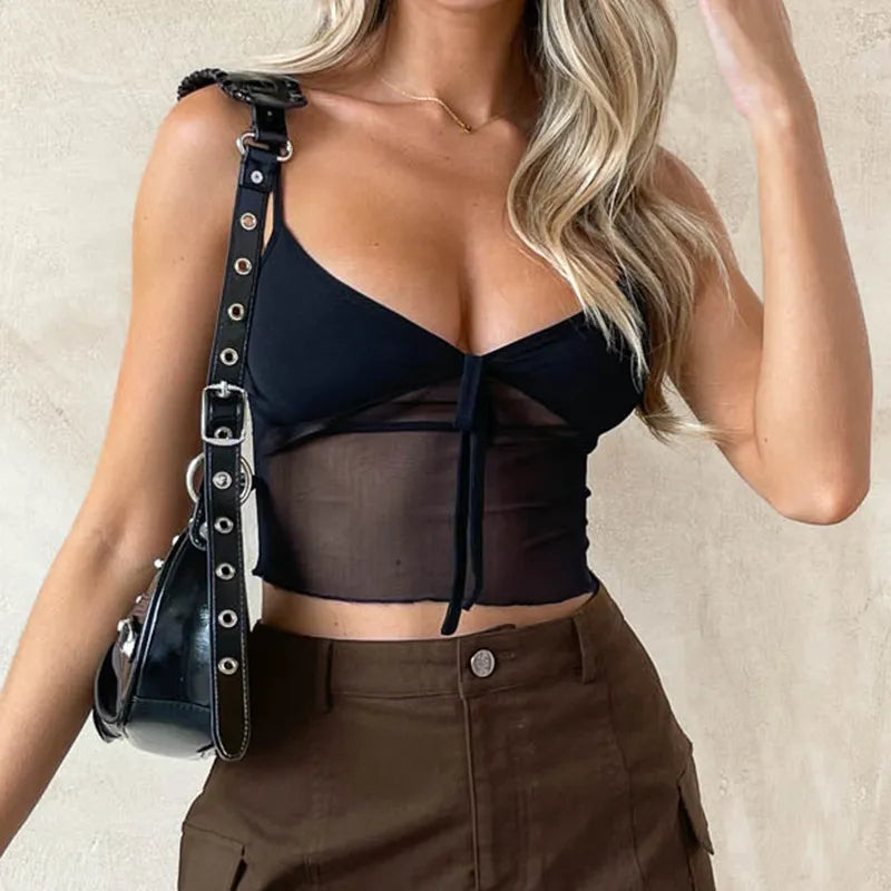 Sexy Corset Crop Top Women Sleeveless Summer Streetwear Fashion Bandage Black Camis Mesh Backless High Street Basic Cropped Tops LUXLIFE BRANDS