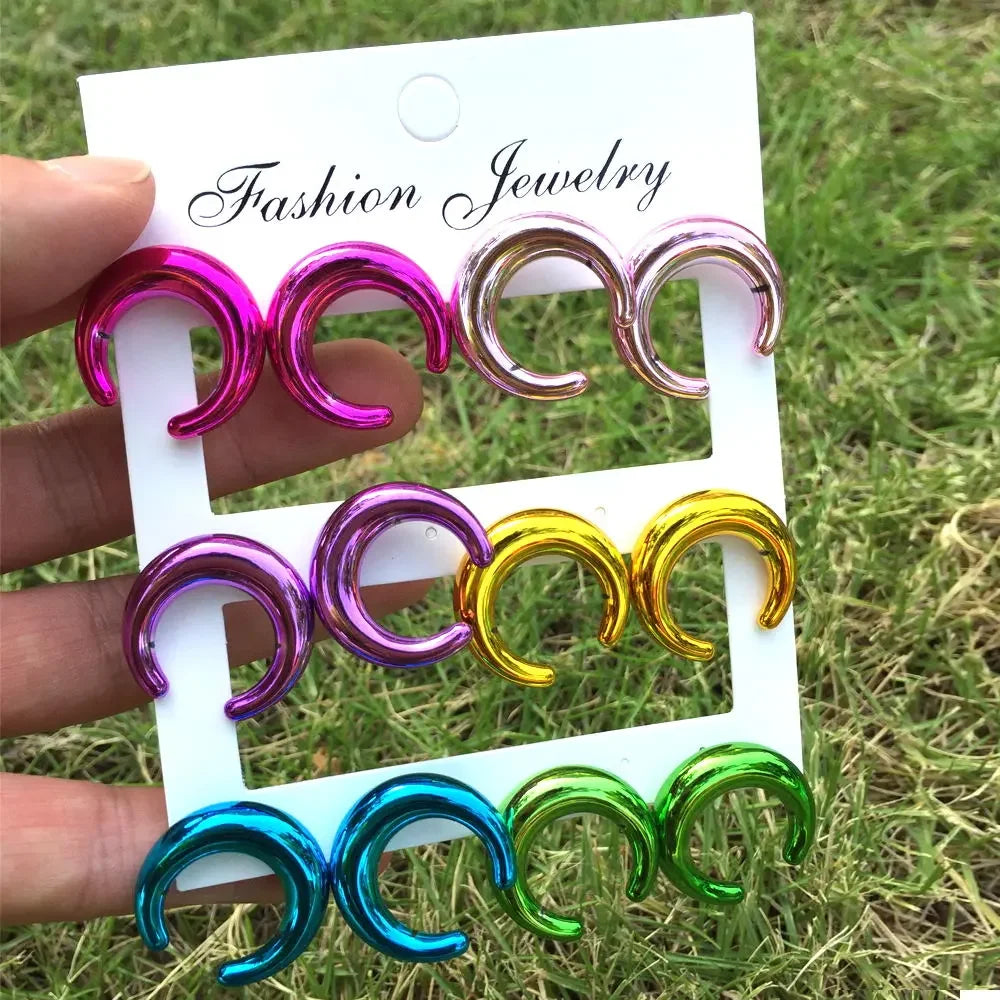 New 6 pair/set Metallic Color Acrylic Y2K Stud Earrings for Women Rock Heart Moon Star Bowknot Square Earring Korea Jewelry Sets