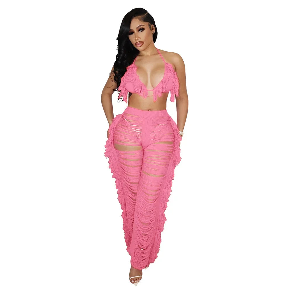 Maui Crochet Halter Crop Top & Pants Beach Set