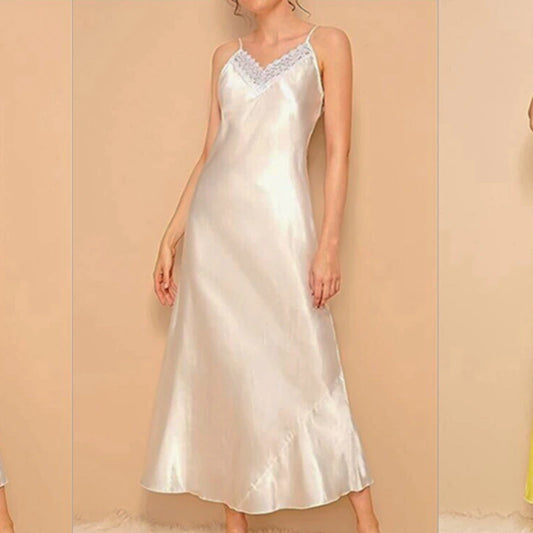 Sexy Lace Sleepwear Silk Women Long Gowns Sling Nightgown V-neck Nightdress Satin Lingerie Nightwear White Wedding Max Dresses LUXLIFE BRANDS