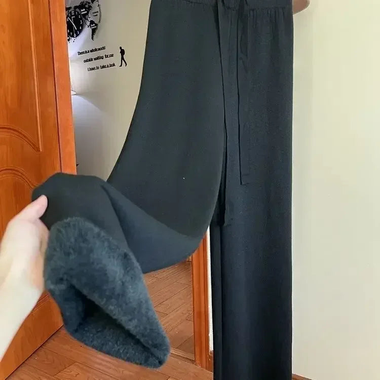 2023 Slim Simple Knit Wide-leg Pants Women's Autumn and Winter High-waisted Moped Pants Thick Casual Pants Straight Luxlife Brands