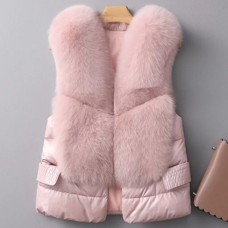 Leather and Fur Vest Women's Short Down Feather Imitation Fox Slim Temperament Jacket 23 New Autumn and Winter Fashion All-match LUXLIFE BRANDS