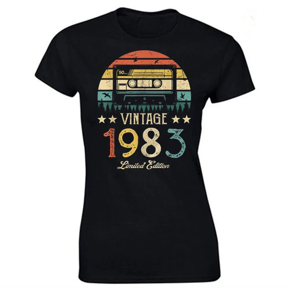 Vintage 1983 Limited Edition Retro Cassette Women T Shirt 40th 40 Years Old Birthday Party Girlfriend Gift Black T-shirt LUXLIFE BRANDS