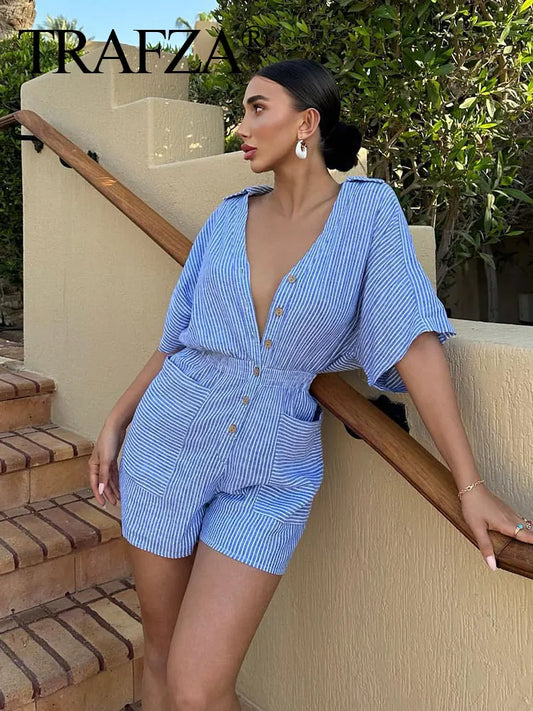 Classic Blue Striped Summer Jumpsuit LUXLIFE BRANDS