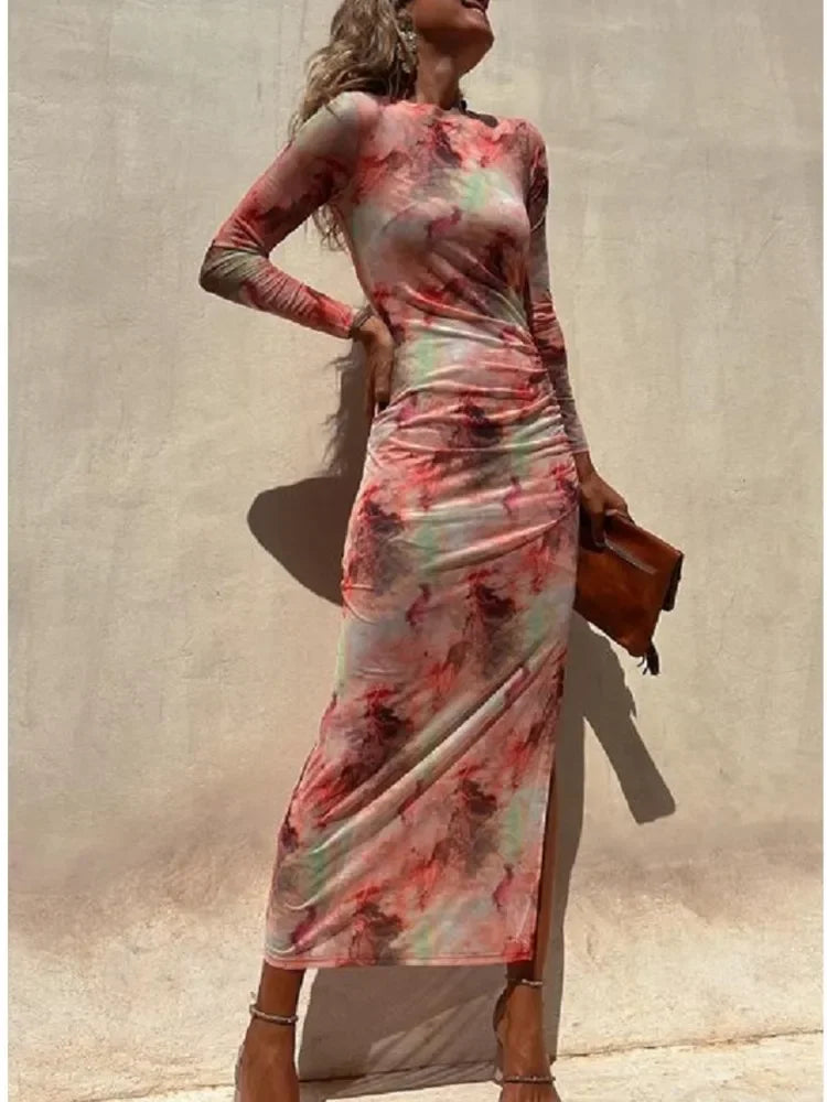 Autumn New Mesh Sexy Printed For Women's Long Sleeved Dresses Simple Lace Fashion Slim Stretch Female Party Nightclub Dress - LUXLIFE BRANDS