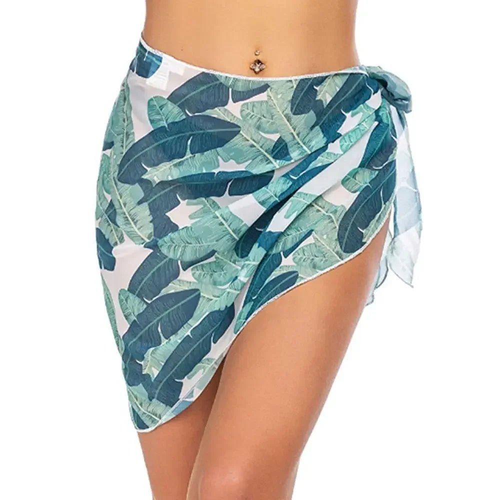 Summer Bikini Wrap Sheer Coverups Set Women Print Short Sarongs Swimsuit Beach Short Skirt Chiffon Scarf Cover Ups for Swimwear
