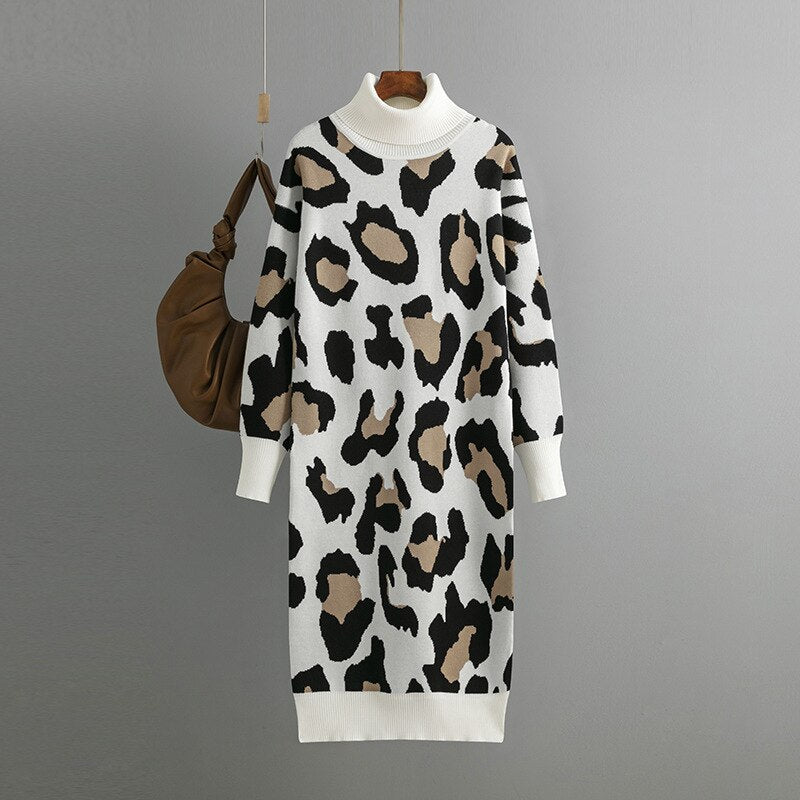 Designer Casual Sweater Warm Dress Autumn New Turtleneck Bottom Knitted Dress Fashion Leopard Pattern Long Sweater Dress Winter