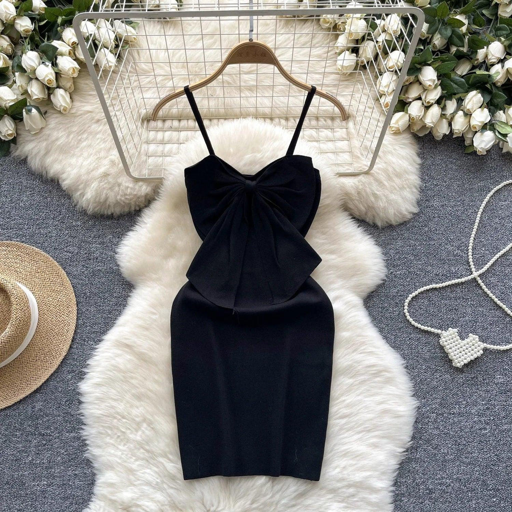 2024 Sexy Backless Lace Solid Knitted Bow Summer Dress Women Black Mini Party Dress Bodycon Sheath night Club Outfits