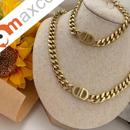 Cocoguchi golden color Thick Letter  Titanium Steel Necklace & Bracelet for Women four sealsonal wearage popular fashion jewelry LUXLIFE BRANDS