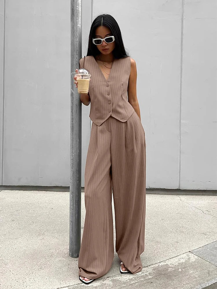 Aynaray 2024 Women Spring Summer Striped Office Pant Set Khaki Outfits V-neck 2 Two Piece Matching Suit Set For Women