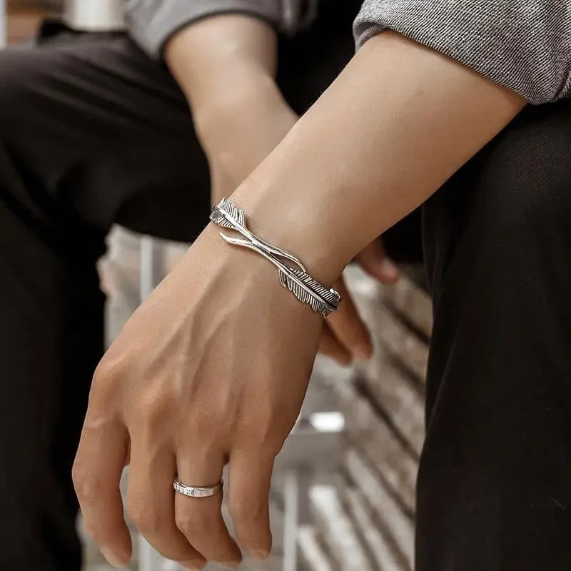 Silver Color Feather Cuff Bracelet for Men Women Vintage Adjustable Bracelet Bangle Fashion Jewelry - LUXLIFE BRANDS
