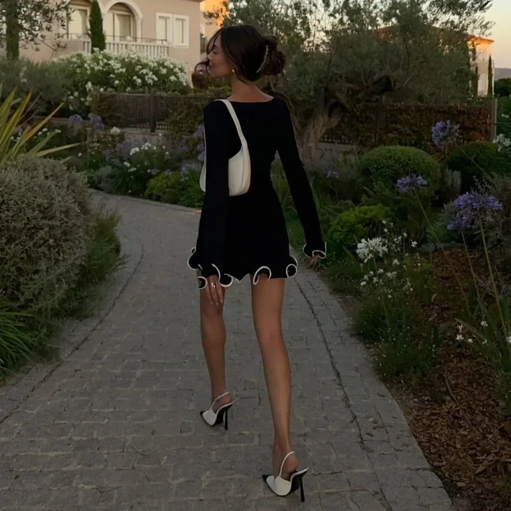 Autumn Knitted Mini Dress Women Elegant Long Sleeve Bodycon Sweater Dresses Winter Fashion Y2K Ruffle Birthday Party Dress 2024