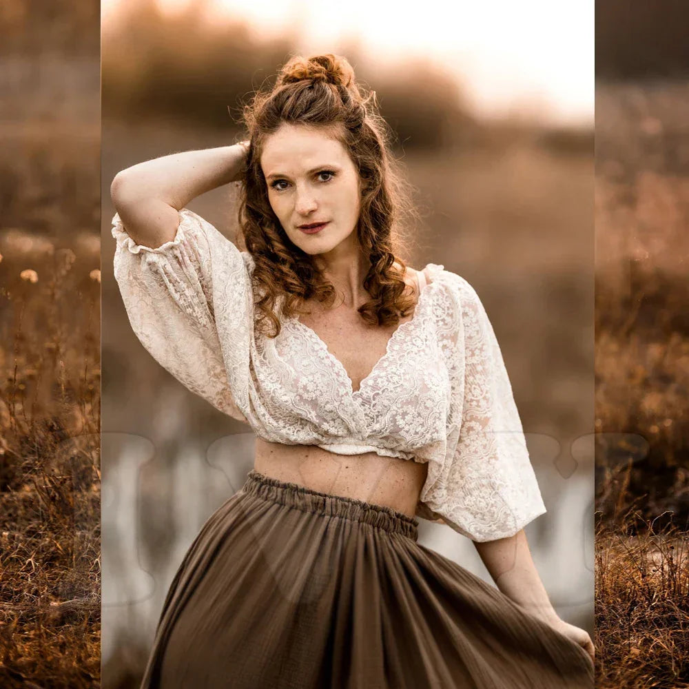 Boho Pregnant Dress Lace&Linen Cotton Combination Two Piece Set Contrast color retro design sense PhotoShoot Pregnancy Dress Luxlife Brands
