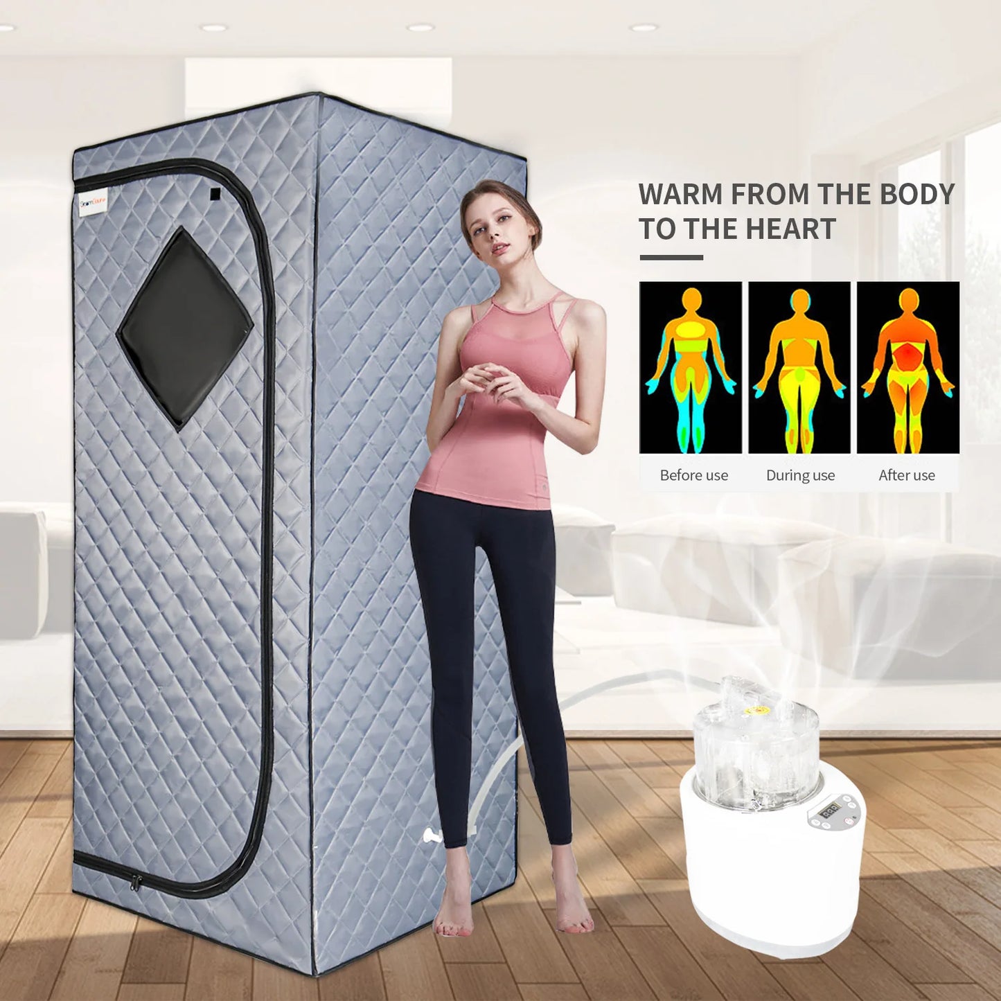 Portable Grey Home Sauna 1500W 4L Steam Pot With Folding Chair & Remote Control LUXLIFE BRANDS