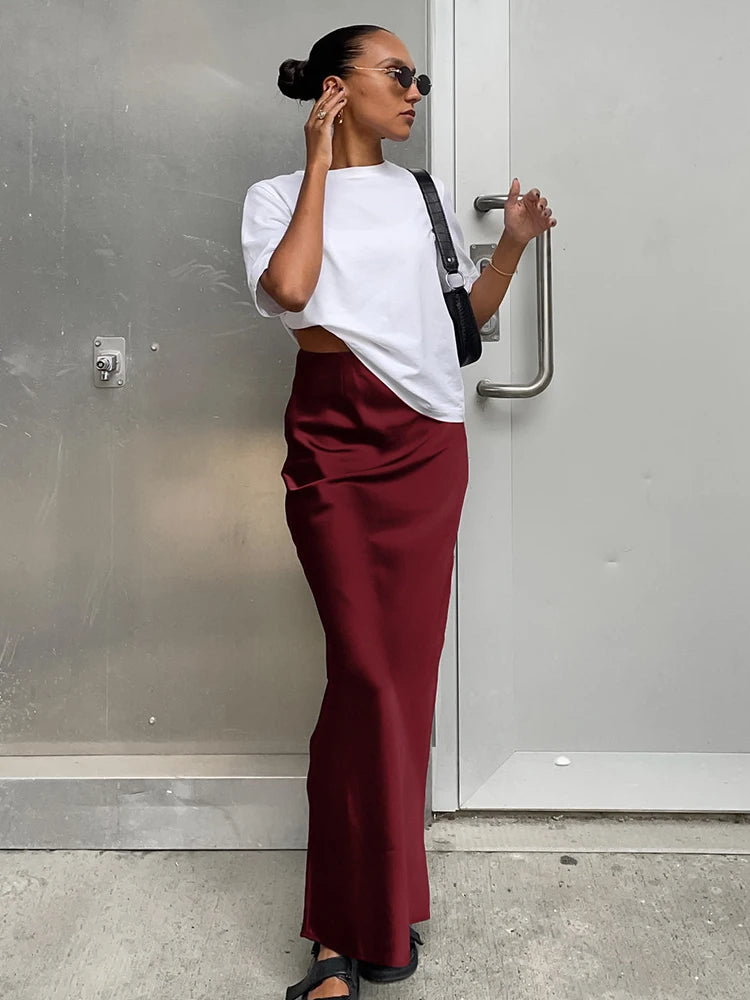 Autumn Satin High Waist Slim Maxi Skirt