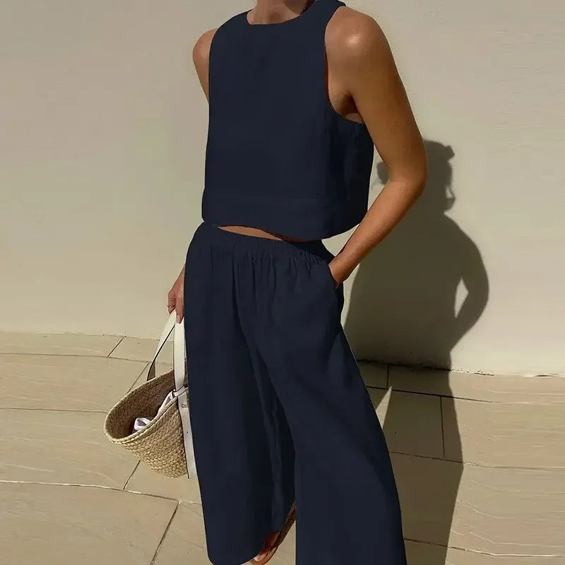 Summer Loose O-Neck Top Wide Leg Pants Two Piece New Elegant Pullover Pants Summer Suit Women Harajuku Style Cotton Linen Suit