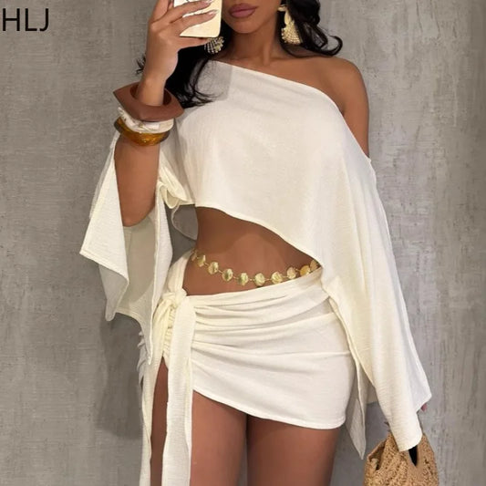 HLJ Elegant Off Showlder Two Piece Outfits Woman Summer One Shoulder Flared Sleeve Loose Crop Top and Skirt Suit Streetwear New