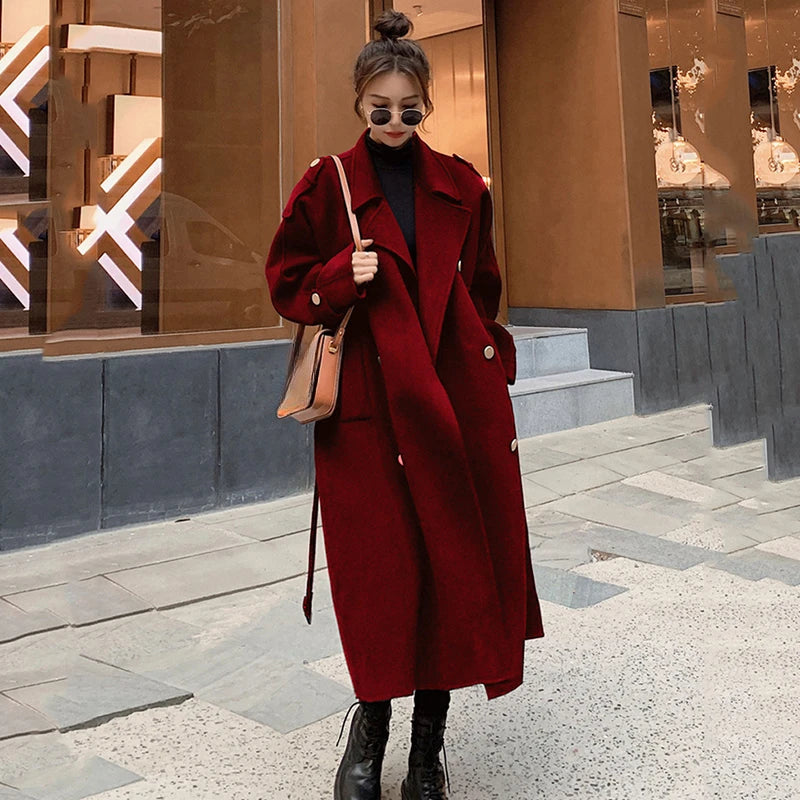 New Fall Winter Elegant Wool Jacket Women Loose Chic Wine Red Woolen Coats Double-Breasted Cashmere Woolen Long Overcoat Female LUXLIFE BRANDS