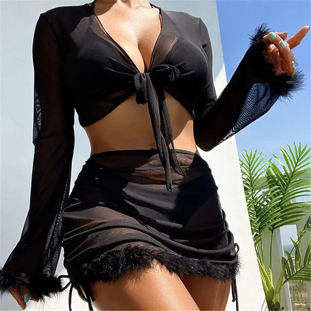 4-Pieces Sexy Black Bikinis With a Skirt 2023 Women Cover Up Long Sleeve Swimsuits Feme Halter Swimwear Summer Beachwear