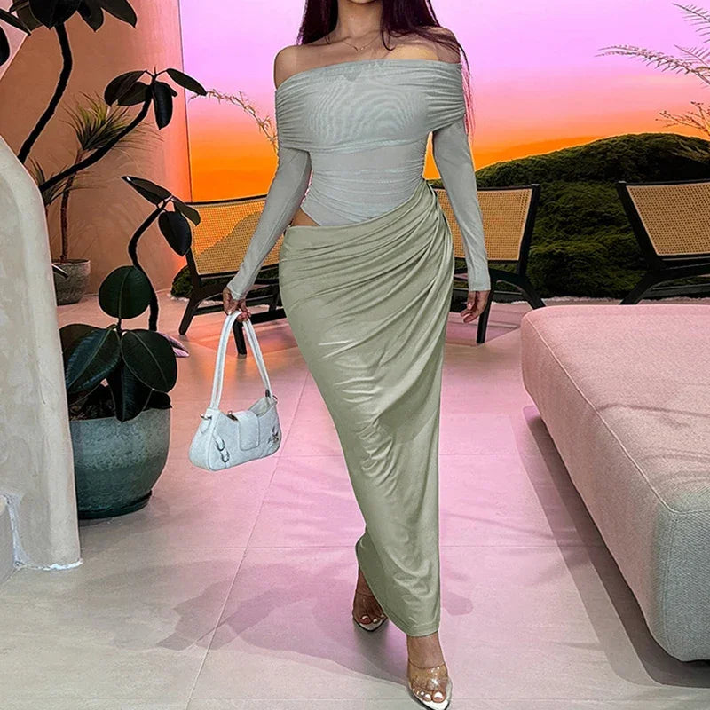 Sexy Light Mesh Solid Color Transparent Dress Women Bodycon One Shoulder Club Party Dress Winter Elegant Long Sleeve Long Dress