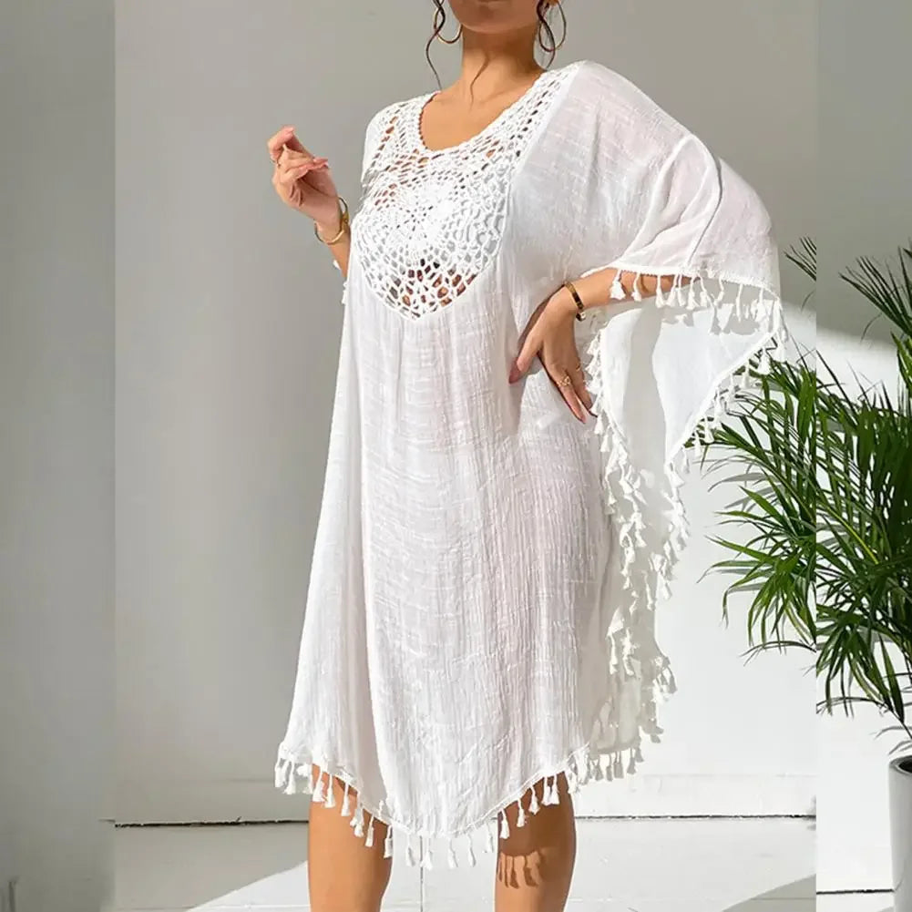 Fringed Bikini Cover Up Comfortable Loose Fit Blouse Stylish Fringed Beach Cover Up Dress for Women O-neck Half Sleeve Swimsuit LUXLIFE BRANDS