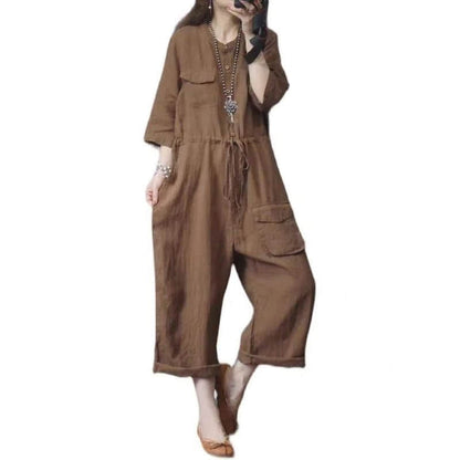 Cotton Linen Playsuit Oversize Jumpsuits Women Long Sleeve One Piece Outfit Women High Waist Pants Overalls for Women Clothes