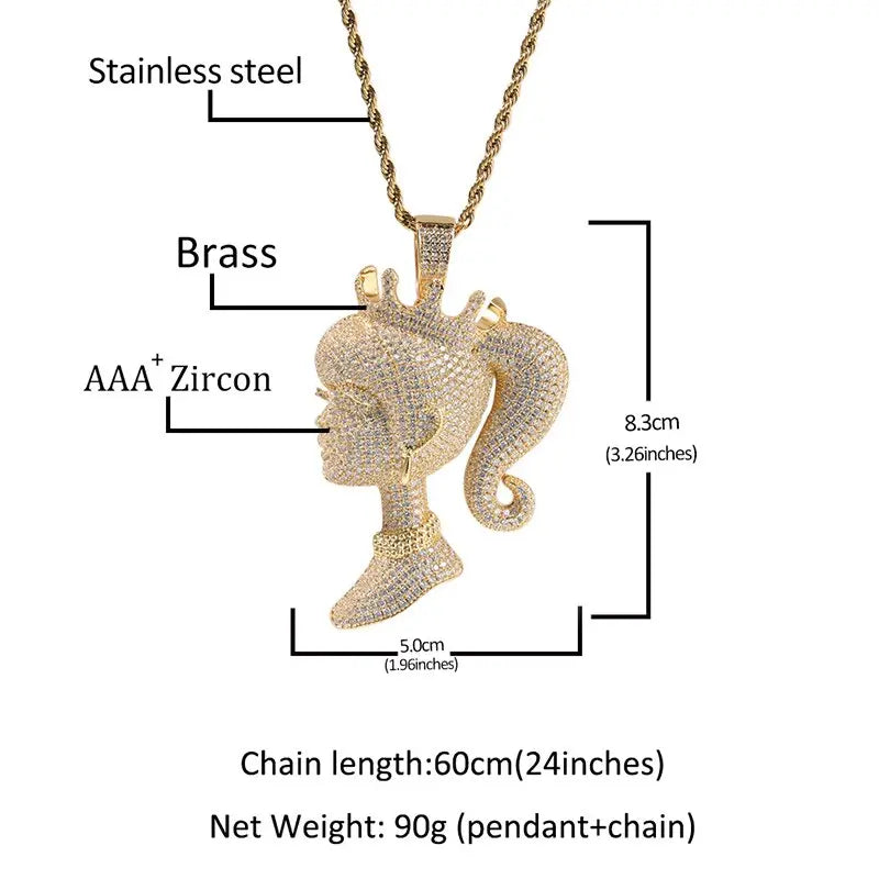 Hip Hop 3A+ CZ Stone Paved Bling Iced Out Crown Barbie Queen Pendants Necklace for Men Women Unisex Rapper Jewelry Gift