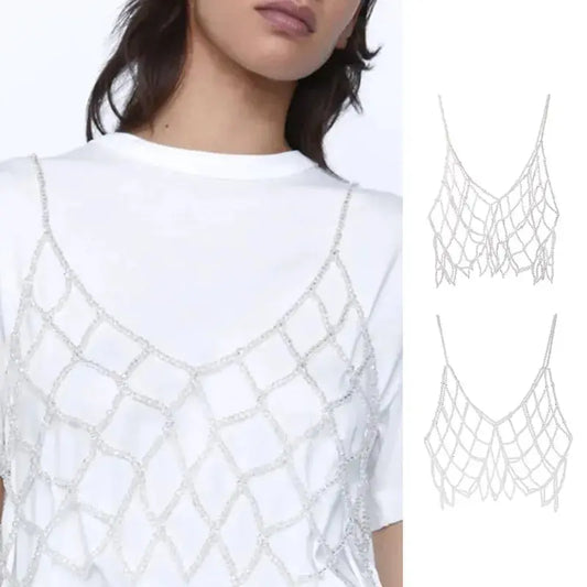 Women Handmade Woven Body Chain Camisole Pearl Crystal Beaded Vest Mesh Tank Top - LUXLIFE BRANDS