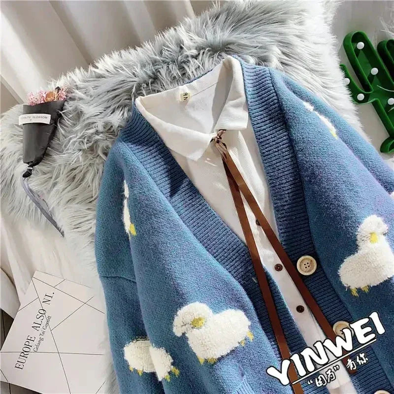 Sheep Cartoon V-Neck Long Sleeve Loose Knitted Sweater Women's Cardigan Korean Fashion Autumn Winter Thick Cardigan For Women LUXLIFE BRANDS