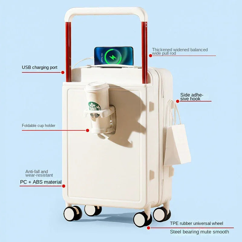 Wide Handle Travel Suitcase Carry-On With Cup Holder, USB Charging Luxlife Brands