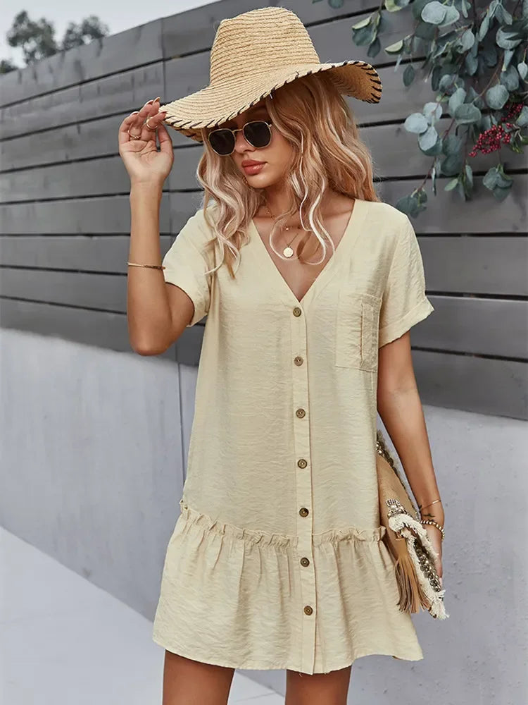 Solid Short Dress Women V Neck Single Breasted Loose A Line Dress For Spring Summer LUXLIFE BRANDS