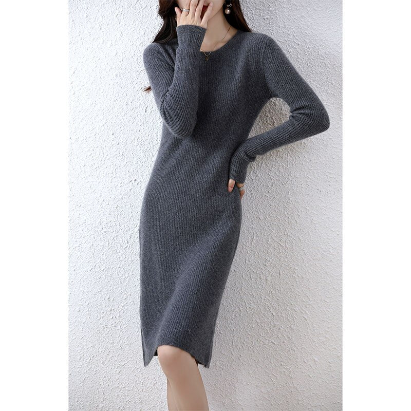 Elegant Cashmere Sweater Women Dresses 100% Merino Wool Fashion Knitted O-Neck Long Sleeve Dress Autumn Winter Casual Warm Skirt