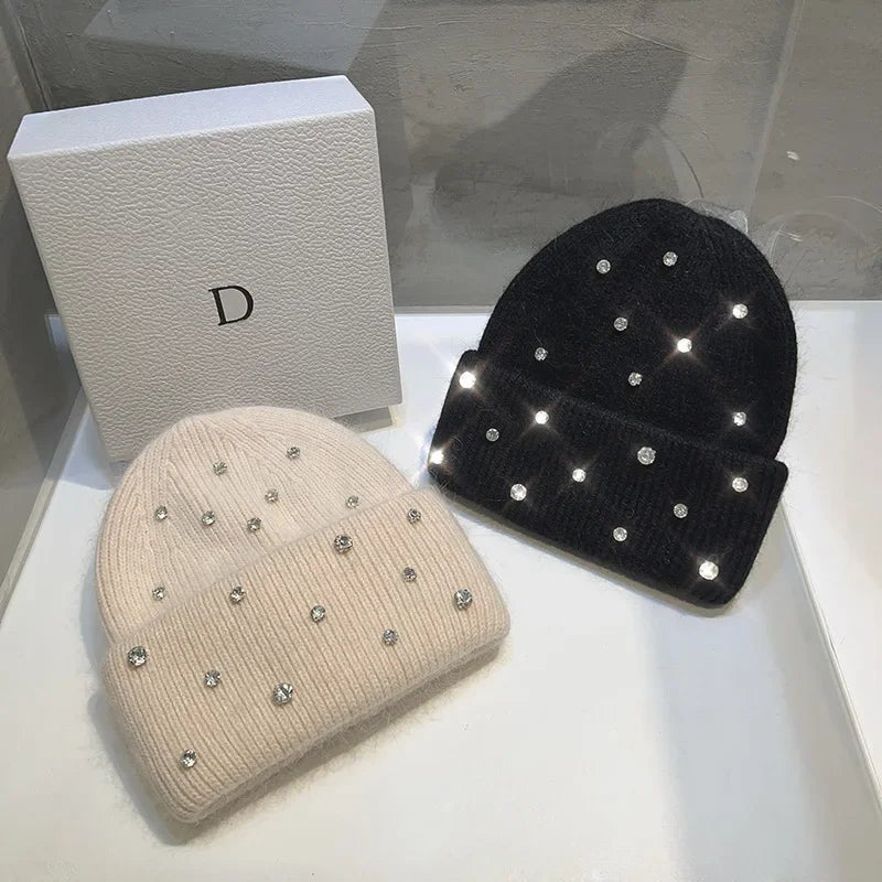 Luxury Rhinestone Beads Knitted Hat Korean Women Rabbit Fur Wool Skullies Cap Winter Fashion Thickened Warm Bonnet Beaanies Luxlife Brands