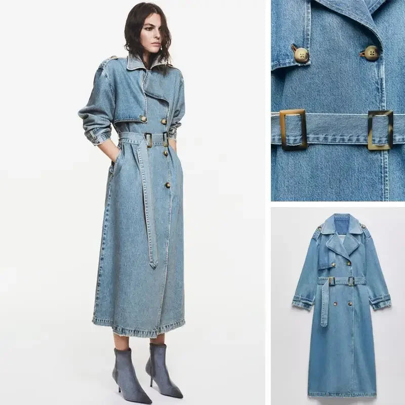 Denim Trench Coats For Women Belt On Waist Slim Jean Coats Ladies Jaqueta Feminina Blue Jean Jacket Woman LUXLIFE BRANDS