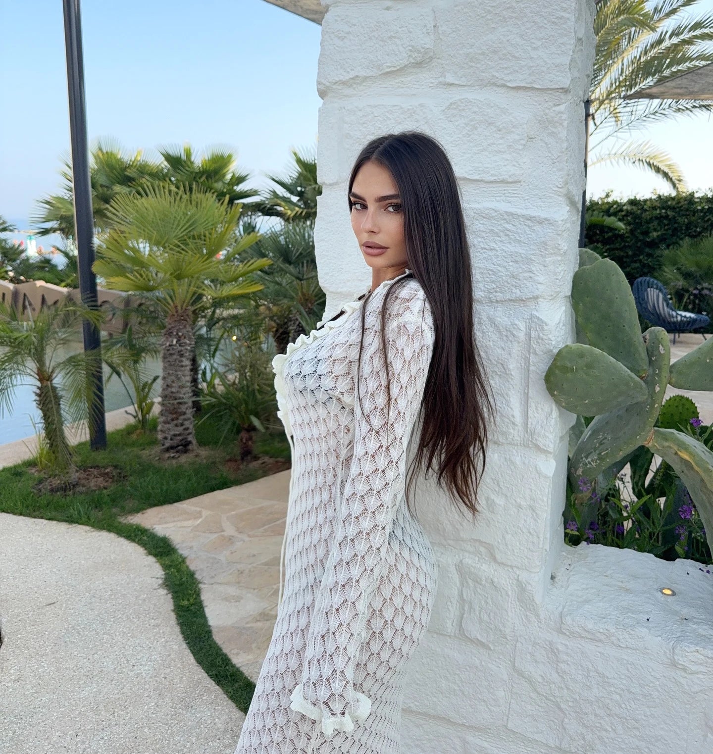 Sexy Frill Big V Neck Hollow Out Long Sleeve Maxi Dress Summer 2025 Feminine Swimwear Bikini Cover Up Women Holiday Outfits K221 Luxlife Brands