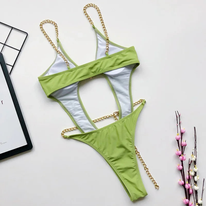 Sexy Metal Chains String High Cut One Piece Swimsuit Women Swimwear Female Monokini Tummy Cut Out Bathing Suit Swim Beach Wear