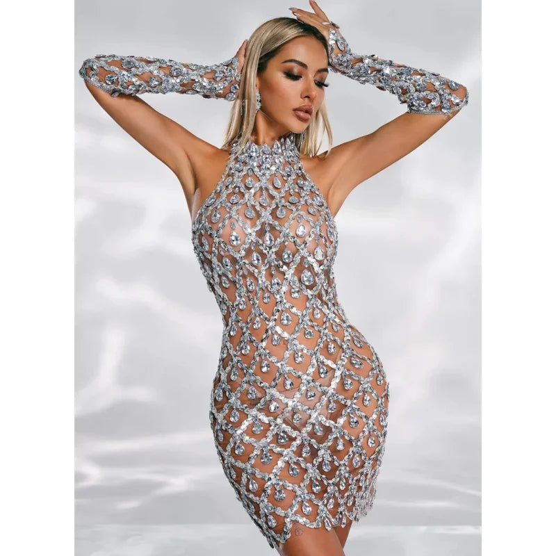 Fashionable Gloves Super Sparkling Diamond sliver Sequins Mini Dress Fashion Woman Evening Party Dress Birthday Party Outfit Luxlife Brands