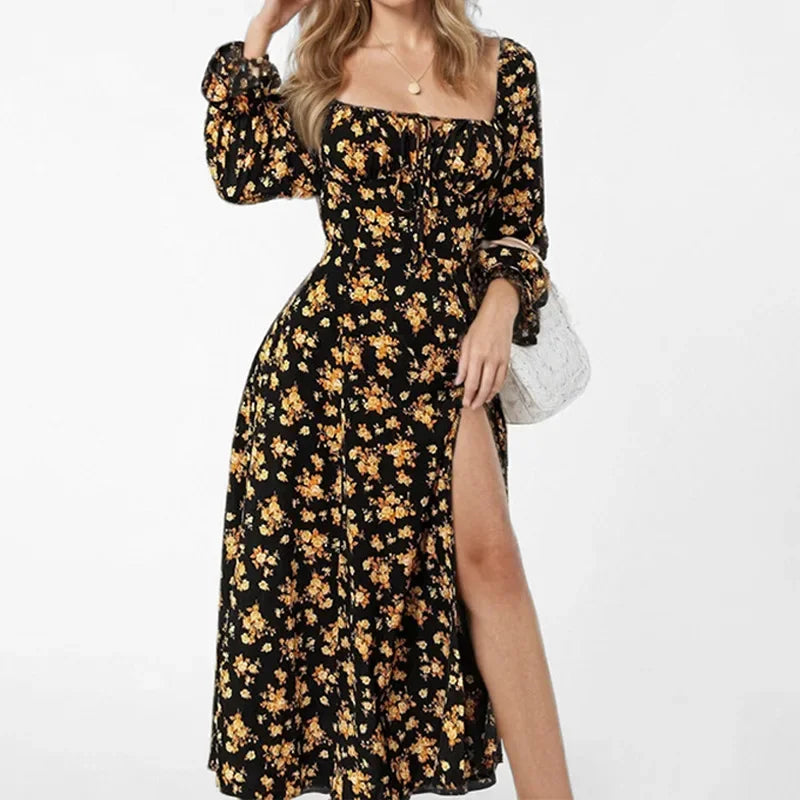 Sexy Backless New Women's Clothing Elegant Floral Dress Spring Summer Retro Puff Square Tie Tie Decorative Red Tie Chic Dress