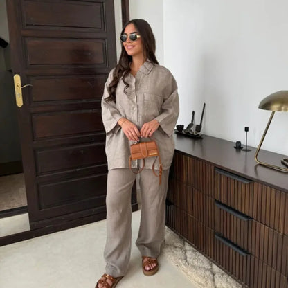 Spring/summer Women's Fashion Casual Solid Color Retro Lapel Long Sleeve Pocket Shirt Top Loose Wide Leg Pants Two-piece Set