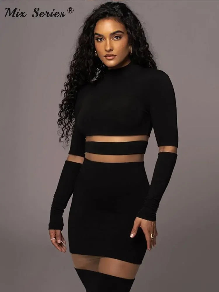 Sexy Lace Hollow Out Dress Women  Elegant Turtleneck Knitting Patchwork Dresses 2023 Autumn Evening Party Long Sleeve Vestido LUXLIFE BRANDS