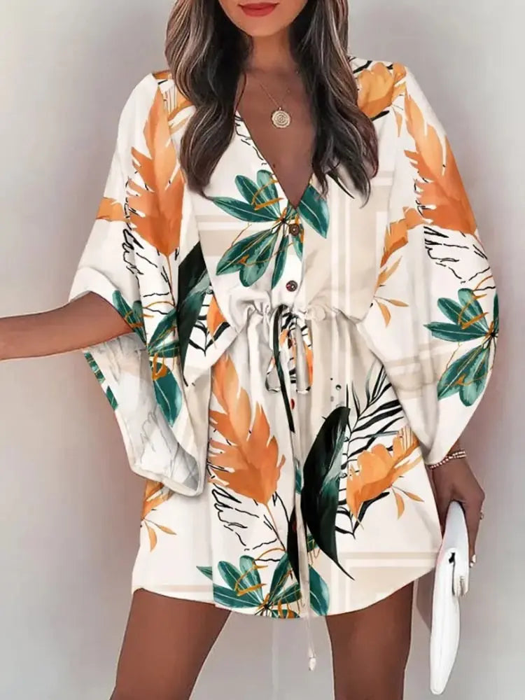 Summer Casual Drawstring Tie-Up Mini Loose Dress Fashion Print Batwing Sleeve Beach Dress Sexy Button V Neck Women Party Coverup
