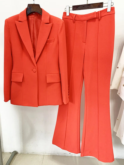 HIGH STREET Newest 2024 Spring Designer Career Fashion Suit Set Women's Single Button Slim Fit Blazer Flare Pants Suit Two Pcs