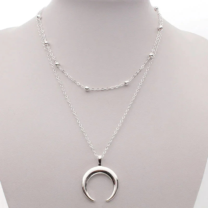 Fashion Gold Color Double Layer Moon Pendant Necklaces for Women Luxury Design Shiny Choker Necklace Jewelry Gift