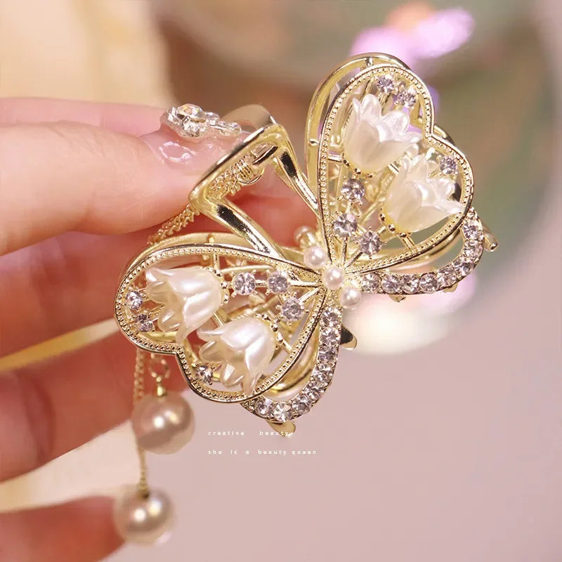 Luxury Flower Bowknot Hair Claw Women Crystal Alloy Tassel Hair Clips Girls Fashion Simplicity Shark Crab Clips Hair Accessoires LUXLIFE BRANDS