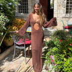 Solid Colour Beach Maxi Dress 2025 Women Summer Sexy Knit Flared Long Sleeve Slit Cut Out Swimsuit Cover Up Holiday Outfits K120 Luxlife Brands